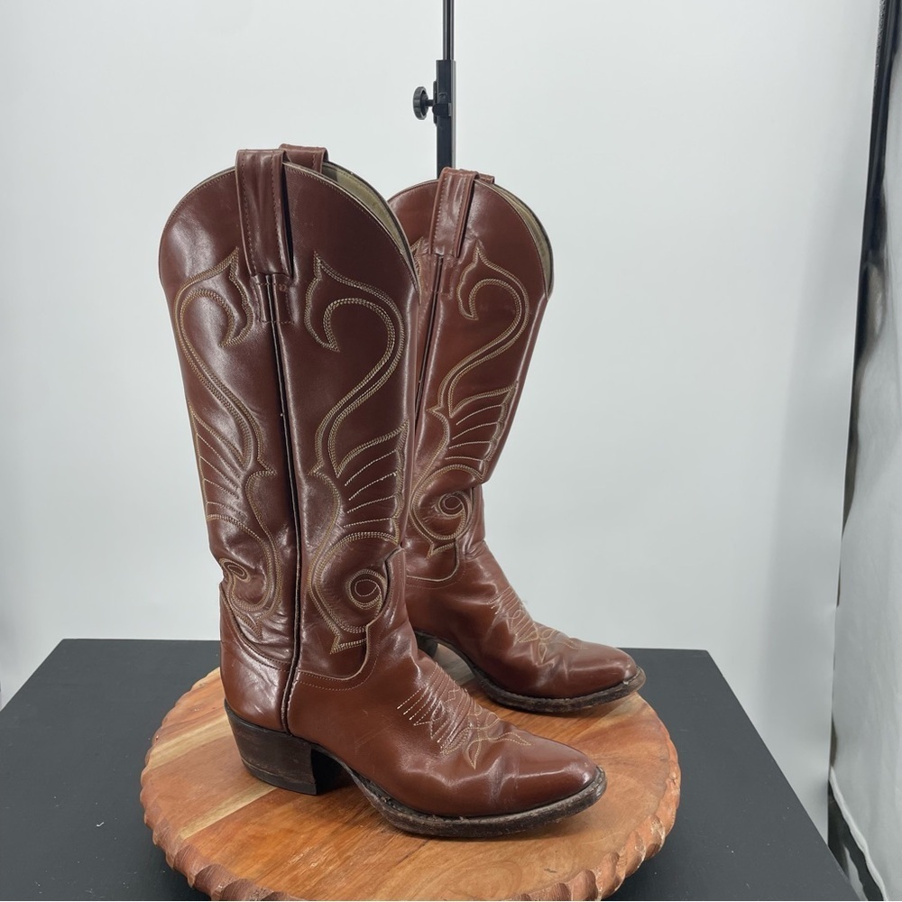 Vintage Larry Mahan Western tall Boots Brown Leather Embroidered‎ Cowboy 5 B 250